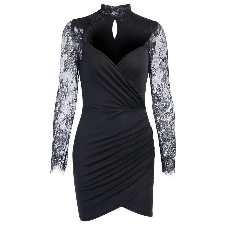 Lace Mock Neck Cut Out Wrap V-Neck Ruched Tulip Hem Mini Dress