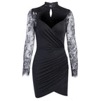 Lace Mock Neck Cut Out Wrap V-Neck Ruched Tulip Hem Mini Dress