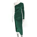 Velvet One Shoulder Long Sleeve Ruched Front Slit Bodycon Midi Dress