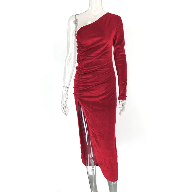 Velvet One Shoulder Long Sleeve Ruched Front Slit Bodycon Midi Dress
