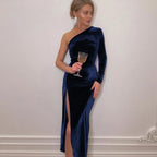 Velvet One Shoulder Long Sleeve Ruched Front Slit Bodycon Midi Dress