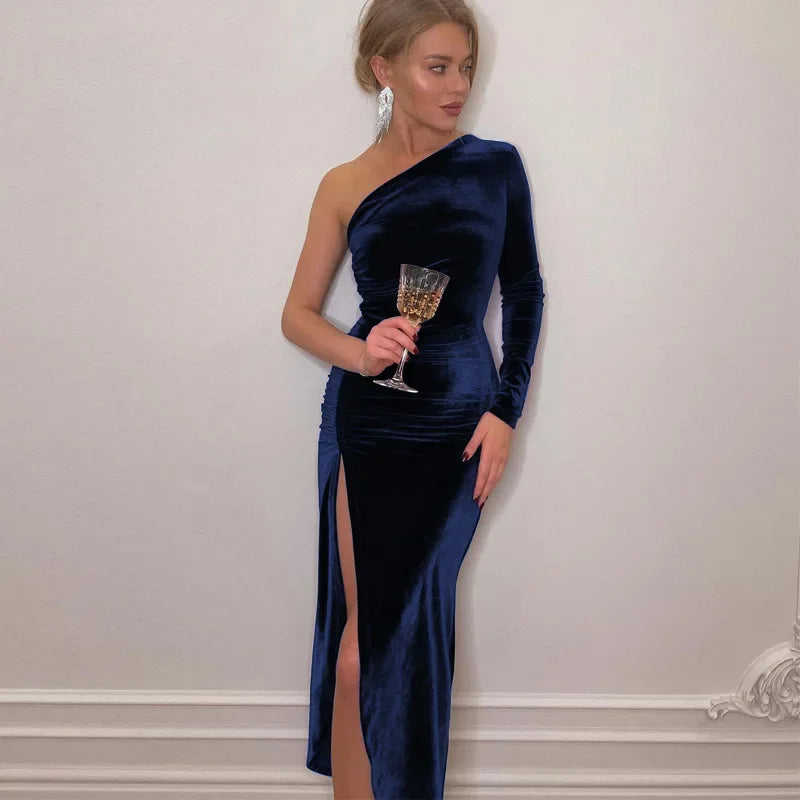 Velvet One Shoulder Long Sleeve Ruched Front Slit Bodycon Midi Dress