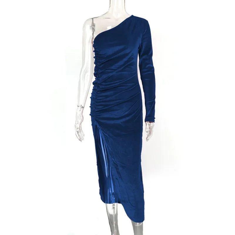 Velvet One Shoulder Long Sleeve Ruched Front Slit Bodycon Midi Dress