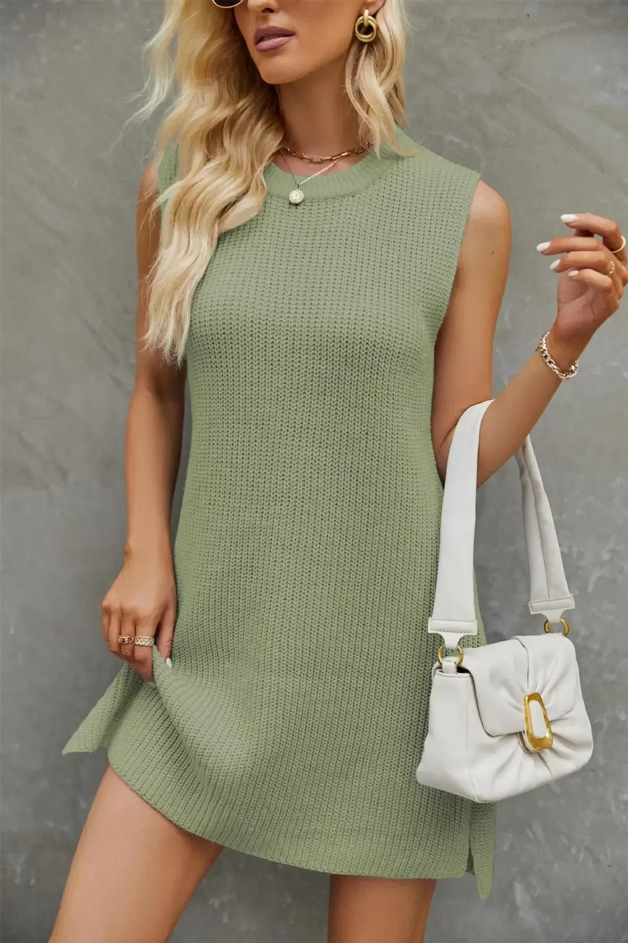 Ribbed Knit Sleeveless Crew Neck Mini Sweater Dress