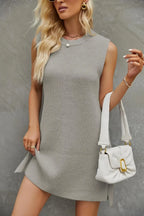 Ribbed Knit Sleeveless Crew Neck Mini Sweater Dress