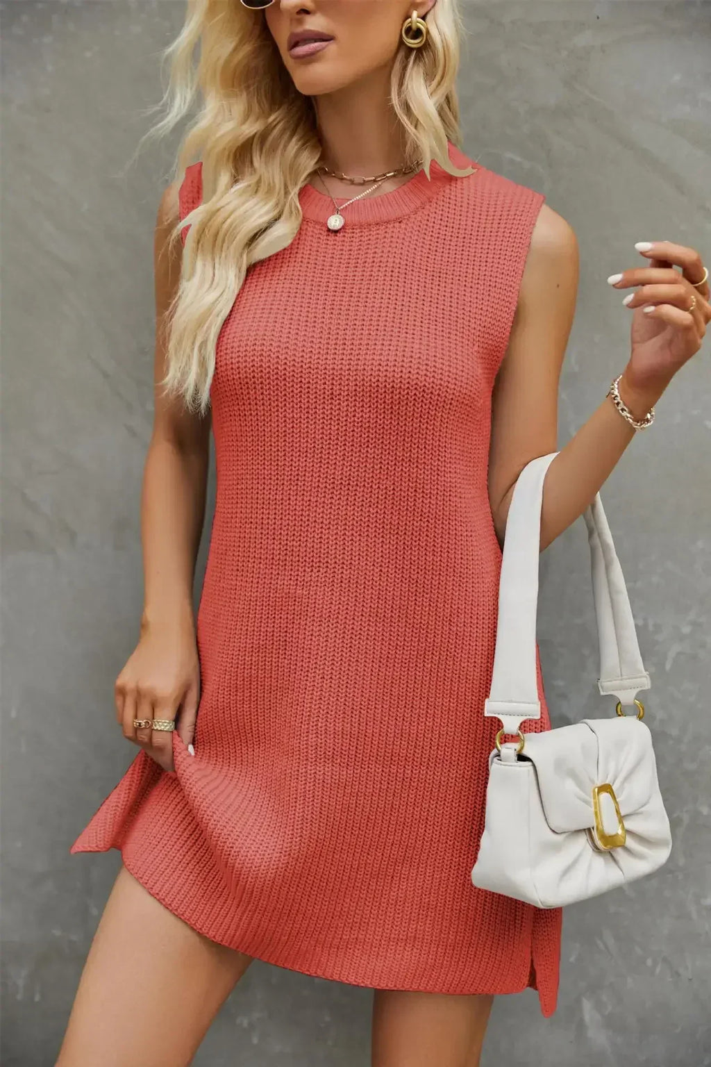 Ribbed Knit Sleeveless Crew Neck Mini Sweater Dress