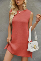 Ribbed Knit Sleeveless Crew Neck Mini Sweater Dress
