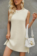 Ribbed Knit Sleeveless Crew Neck Mini Sweater Dress