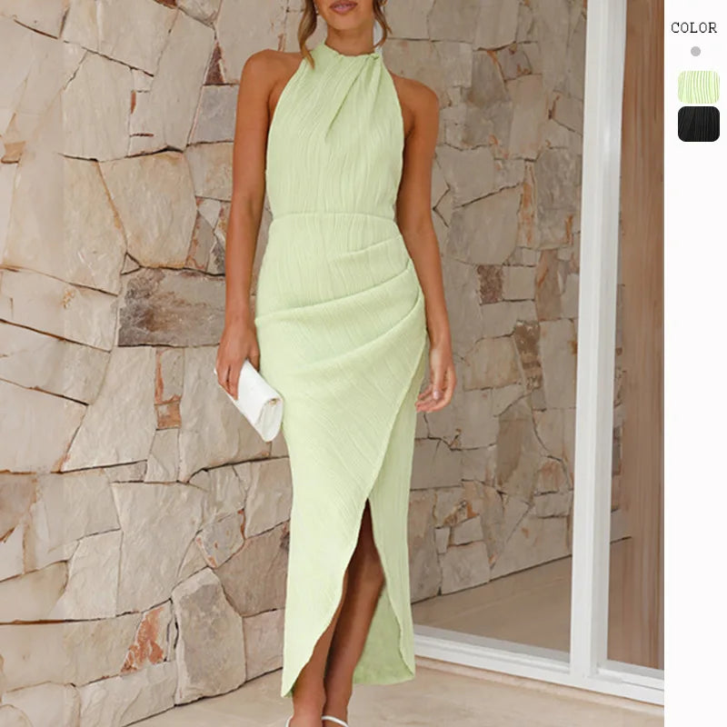 Halter Neck Plisse Texture Draped Wrap Front Slit Maxi Dress