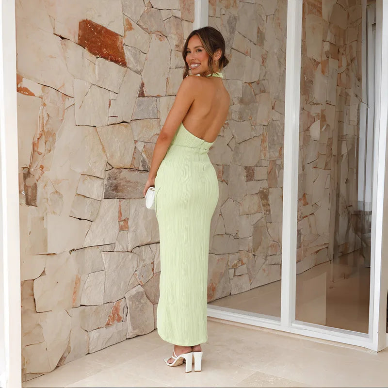 Halter Neck Plisse Texture Draped Wrap Front Slit Maxi Dress