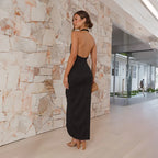 Halter Neck Plisse Texture Draped Wrap Front Slit Maxi Dress