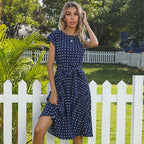 Polka Dot Cap Sleeve Tie Waist Pleated Midi Dress