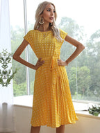 Polka Dot Cap Sleeve Tie Waist Pleated Midi Dress