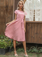 Polka Dot Cap Sleeve Tie Waist Pleated Midi Dress