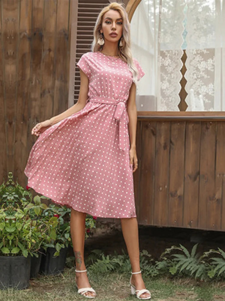 Polka Dot Cap Sleeve Tie Waist Pleated Midi Dress