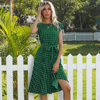 Polka Dot Cap Sleeve Tie Waist Pleated Midi Dress