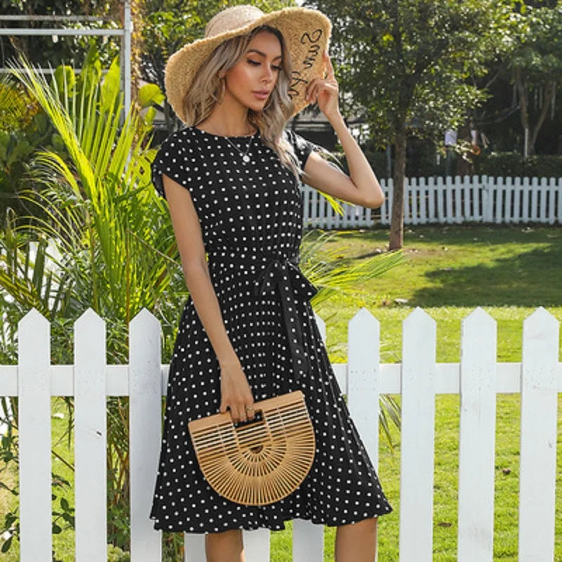 Polka Dot Cap Sleeve Tie Waist Pleated Midi Dress