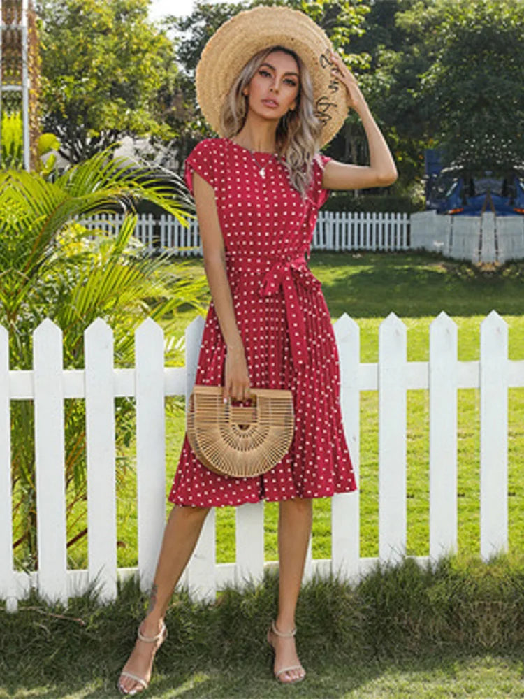 Polka Dot Cap Sleeve Tie Waist Pleated Midi Dress
