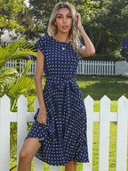 Polka Dot Cap Sleeve Tie Waist Pleated Midi Dress