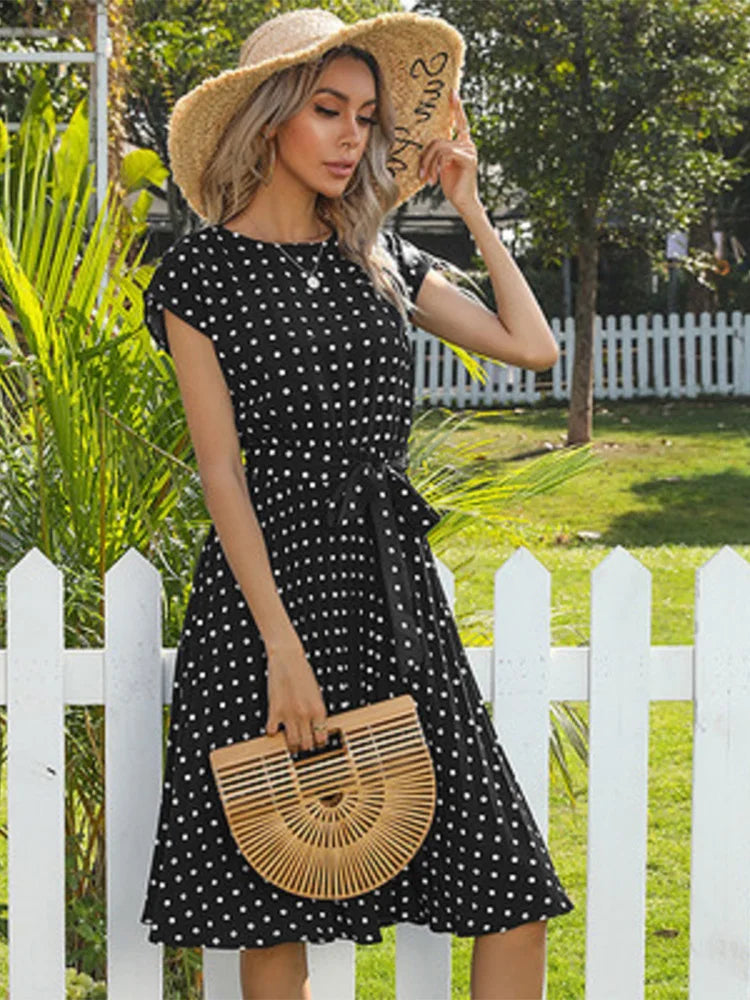 Polka Dot Cap Sleeve Tie Waist Pleated Midi Dress