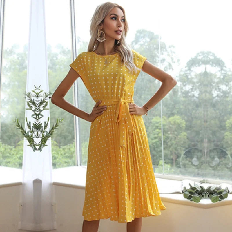 Polka Dot Cap Sleeve Tie Waist Pleated Midi Dress
