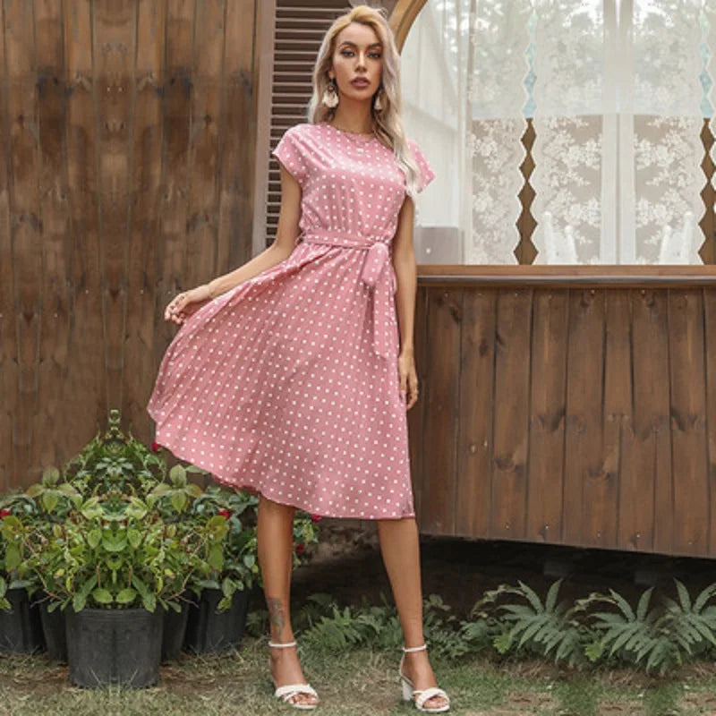 Polka Dot Cap Sleeve Tie Waist Pleated Midi Dress