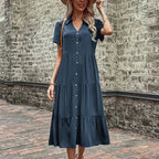 Short Sleeve Shirt Collar Button Down Tiered Midi Dress