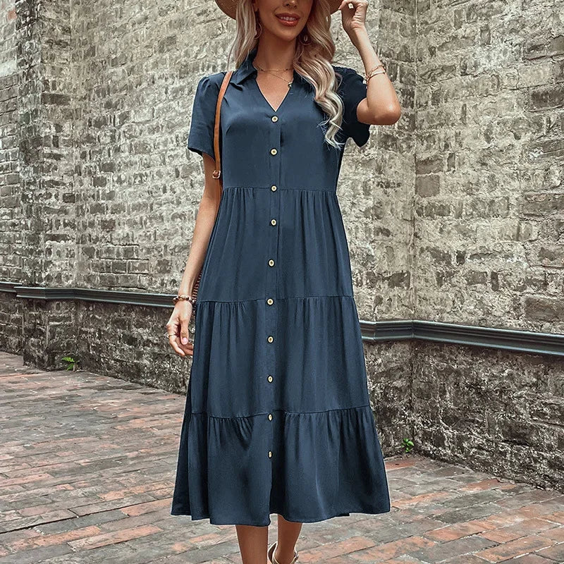 Short Sleeve Shirt Collar Button Down Tiered Midi Dress