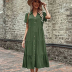 Short Sleeve Shirt Collar Button Down Tiered Midi Dress