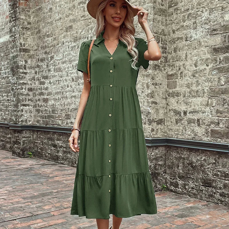 Short Sleeve Shirt Collar Button Down Tiered Midi Dress