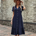 Short Sleeve Shirt Collar Button Down Tiered Midi Dress