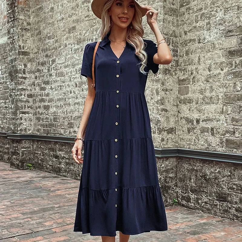 Short Sleeve Shirt Collar Button Down Tiered Midi Dress