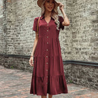 Short Sleeve Shirt Collar Button Down Tiered Midi Dress