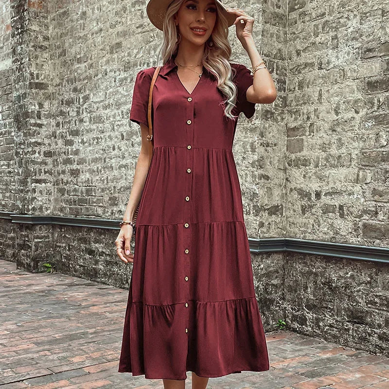 Short Sleeve Shirt Collar Button Down Tiered Midi Dress