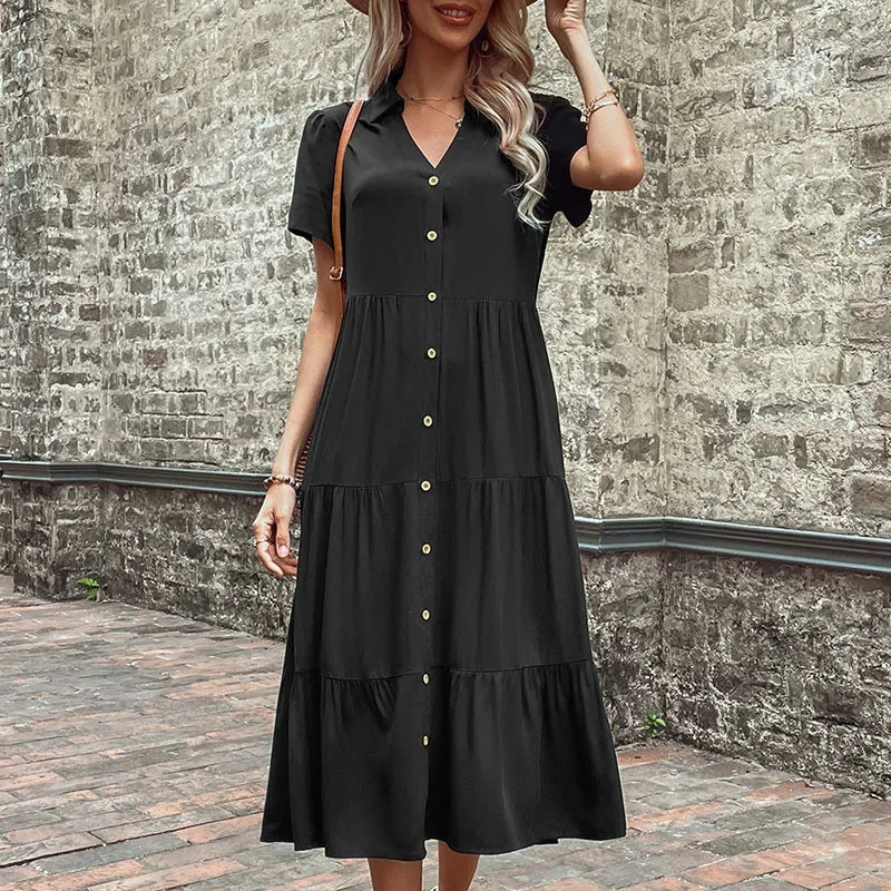 Short Sleeve Shirt Collar Button Down Tiered Midi Dress