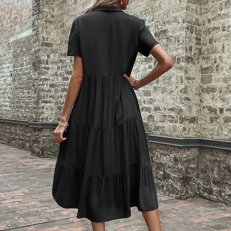 Short Sleeve Shirt Collar Button Down Tiered Midi Dress