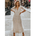 Swiss Dot Lace Flutter Sleeve Smocked Waist Tiered Lace Maxi Dress