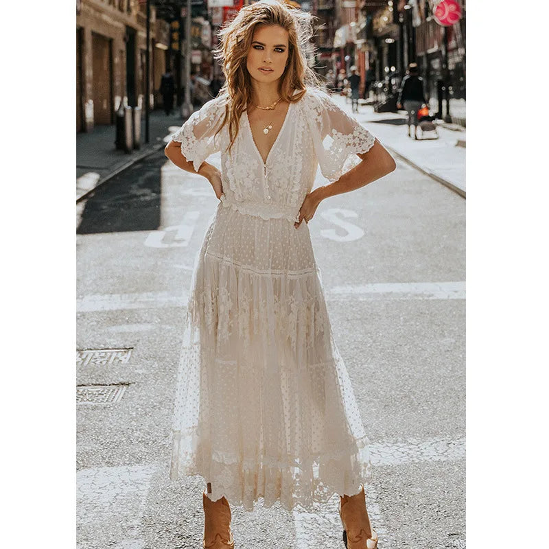 Swiss Dot Lace Flutter Sleeve Smocked Waist Tiered Lace Maxi Dress