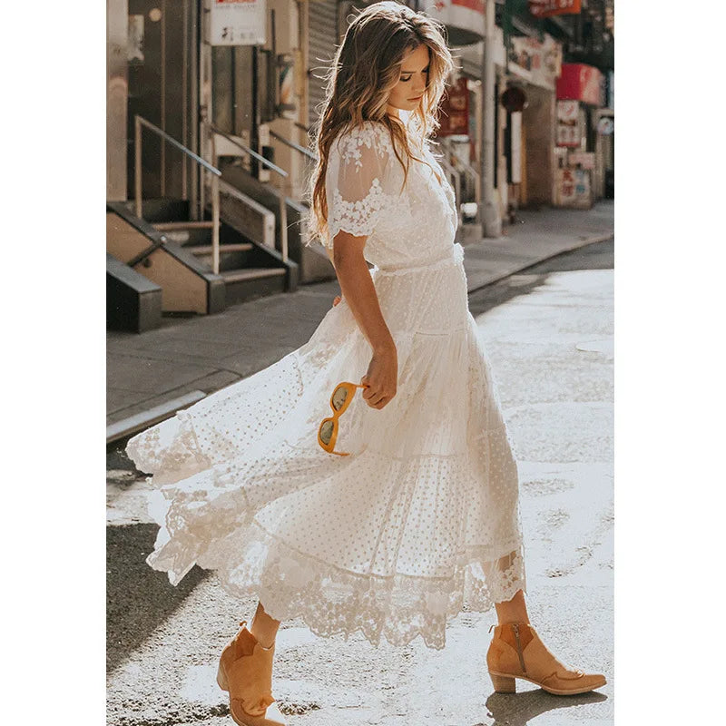 Swiss Dot Lace Flutter Sleeve Smocked Waist Tiered Lace Maxi Dress