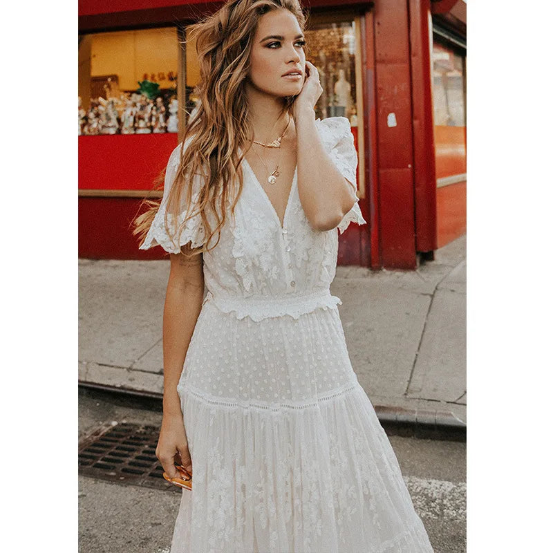 Swiss Dot Lace Flutter Sleeve Smocked Waist Tiered Lace Maxi Dress
