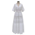 Swiss Dot Lace Flutter Sleeve Smocked Waist Tiered Lace Maxi Dress
