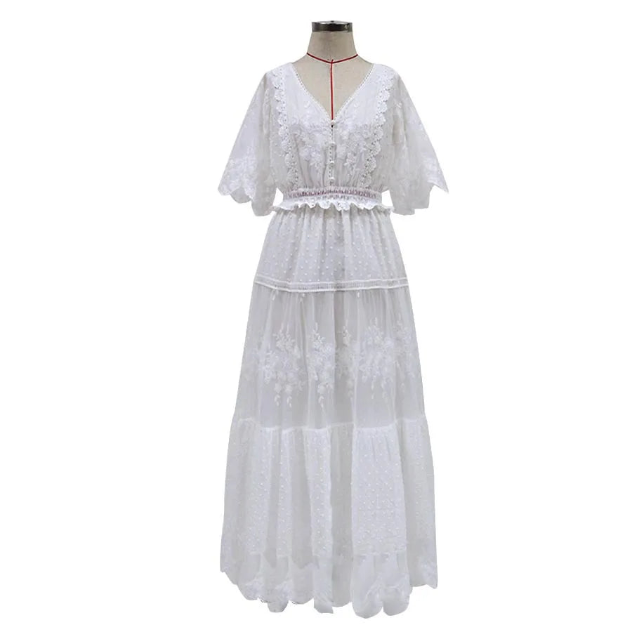 Swiss Dot Lace Flutter Sleeve Smocked Waist Tiered Lace Maxi Dress