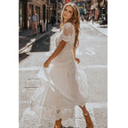 Swiss Dot Lace Flutter Sleeve Smocked Waist Tiered Lace Maxi Dress