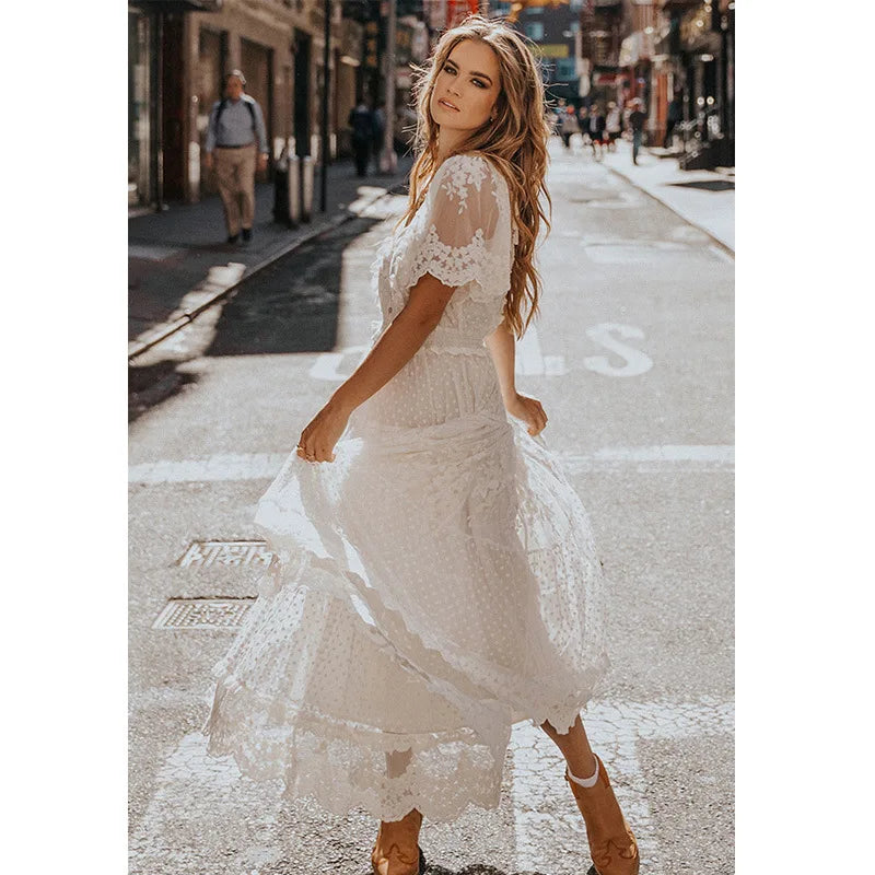Swiss Dot Lace Flutter Sleeve Smocked Waist Tiered Lace Maxi Dress