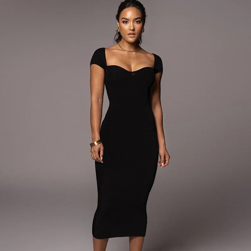 Off Shoulder Ribbed Knit Chevron Bust Bodycon Midi Dress