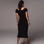 Off Shoulder Ribbed Knit Chevron Bust Bodycon Midi Dress