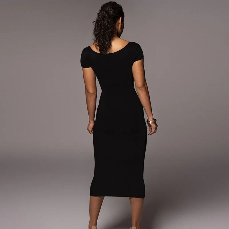 Off Shoulder Ribbed Knit Chevron Bust Bodycon Midi Dress