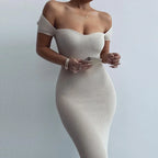 Off Shoulder Ribbed Knit Chevron Bust Bodycon Midi Dress