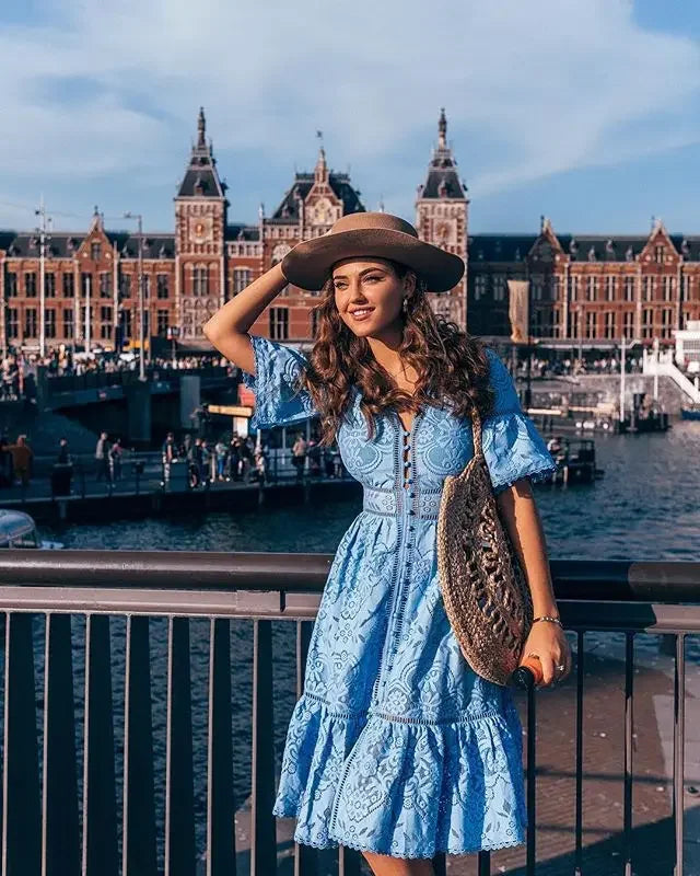 Lace Eyelet V-Neck Button Front Bell Sleeve Tiered Scalloped Hem Midi Dress