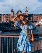 Lace Eyelet V-Neck Button Front Bell Sleeve Tiered Scalloped Hem Midi Dress